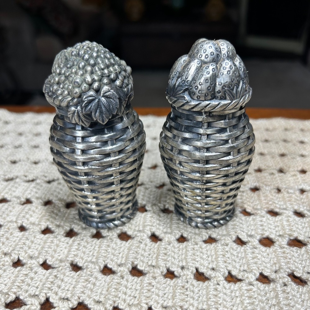 Vintage Japan Silver Tone Fruit Basket Salt and Pepper Shakers Grapes Strawberry